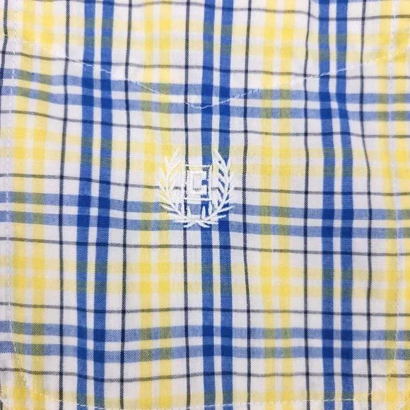 Chaps Men's Button Down Collared Shirt Size Large Short-Sleeve Plaid Blue Yellow - Picture 2 of 9